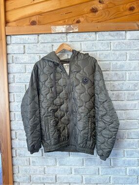 Quilted Hooded Bomber Jacket - Olive Green